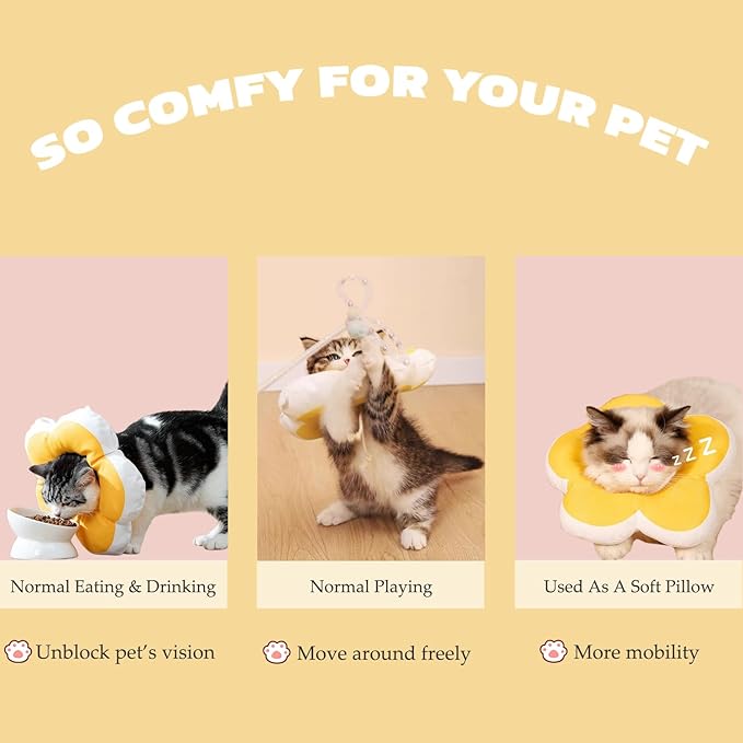 Cat Cone Collar Soft, Adjustable Kitten Cone After Surgery, Waterproof Recovery E Collar for Pet to Stop Licking (Yellow Flower, Large)