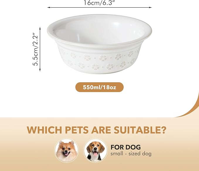 6.3inch Ceramic Set of 2 Dog Bowls, Food and Water Bowls for Small and Medium Dog, 2pcs Basic Dog Bowl, Wide Opening Rounded Edge (2 Bowls, Reactived Glaze -White)