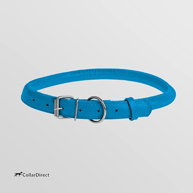 CollarDirect Rolled Leather Dog Collar, Soft Padded Round Puppy Collar, Handmade Genuine Leather Collar Dog Small Large Cat Collars 13 Colors (11-14 Inch, Light Blue Textured)
