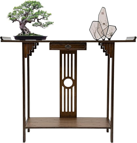 Console Table with Storage Shelves, 2 Tiers L 40.1” Narrow Sofa Table with Drawers, Bamboo Entryway Table for Small Spaces, Living Room Hallway Foyer Corridor Wood Entry Table