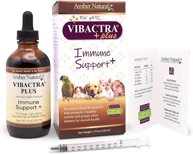Amber NaturalZ Vibactra Plus Herbal Supplement for Dogs, Cats, Birds, Guinea Pigs, and Rabbits | Herbs for Immune Health and Yeast Balance | 4 Fluid Ounce Glass Bottle