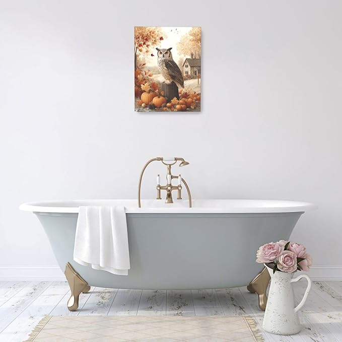 Fall Owl Wall Art Autumn Pumpkin Leaves Wall Decor Rustic Canvas Print Farmhouse Pictures Painting Print Framed Artwork Decorations Gifts for Living Room Bathroom Bedroom Office 16"x20"