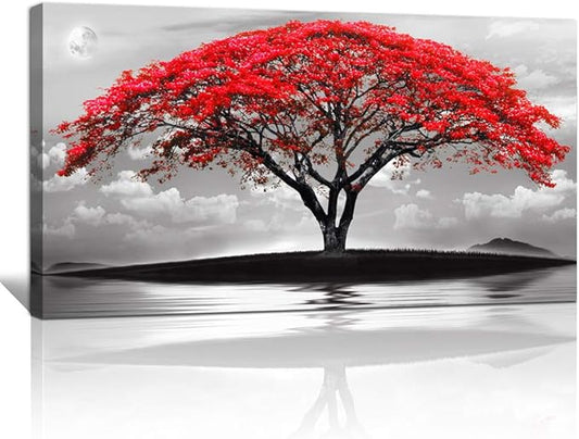 canvas wall art for living room bathroom Wall Decor Black and white landscape red tree moon scenery Hang painting Home Decorations for office bedroom kitchen Works canvas Prints pictures 24" x 48"inch
