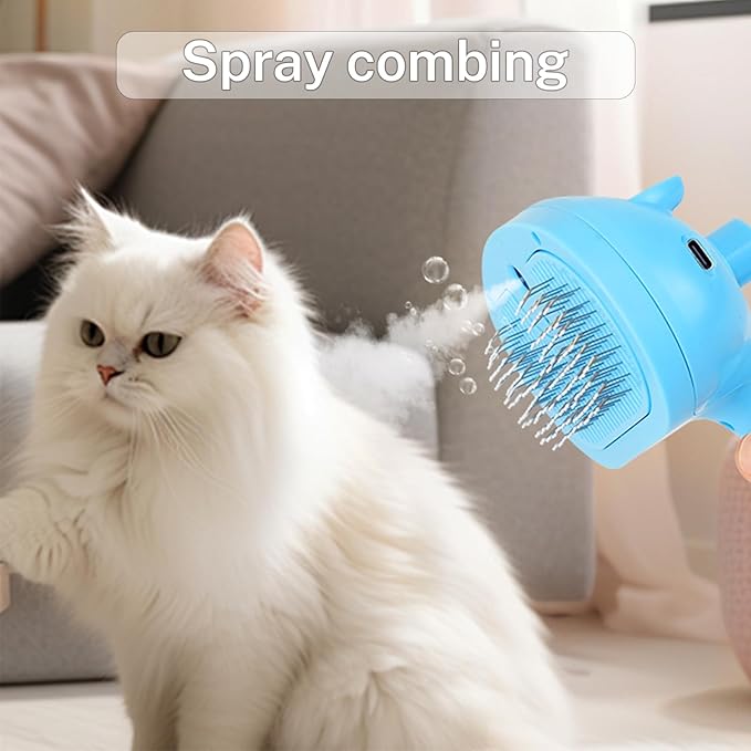 5-in-1 Pet Steam Brush for Cats & Dogs – Grooming, Shedding, Massage & One-Touch Clean for Short & Long Hair Pets – Electric Cat Brush with Comb & Steam (Blue)