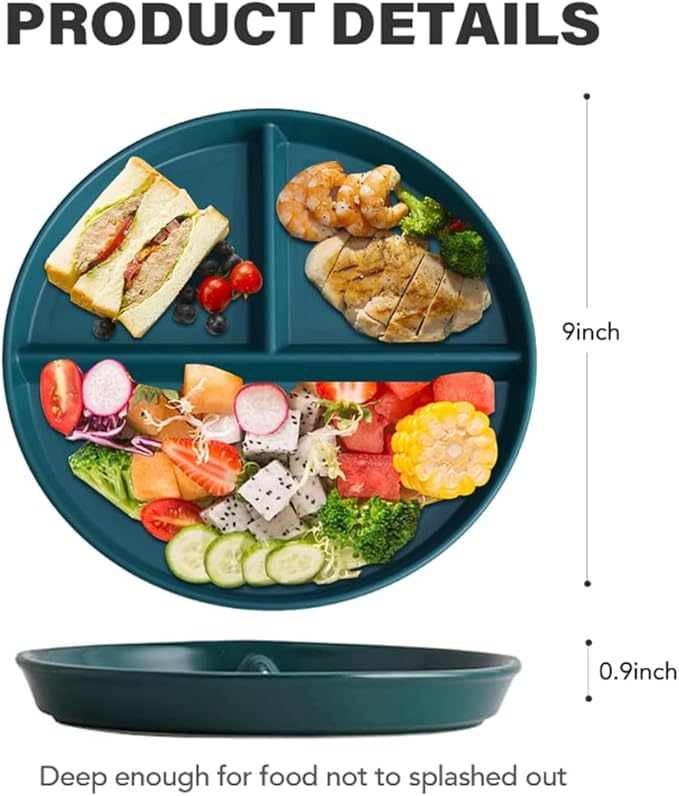 9" Unbreakable Divided Plates Set of 5, Wheat Straw Plate Reusable Dinnerware Portion Control Plate, Round Bariatric Plastic Plate for Kids Adults, BPA-free, Dishwasher Safe