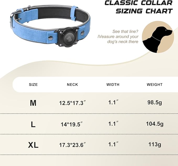 AirTag Dog Collar - Leather Dog Collar with Air Tag Holder | IPX8 Waterproof, Reflective, High - End, Adjustable Soft Padded | Dog GPS Tracker Collars Fit for Medium Large Dogs (Blue, M)