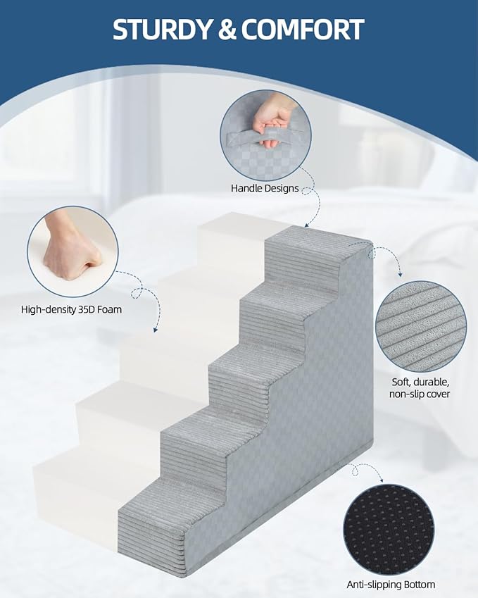 Dog Stairs for Small Dogs,17.5" H,4-Step Dog Steps for Bed and Couch with High Density Foam,Non-Slip Pet Steps for Doggy and Cat,Pet Stairs with a Washable Cover,Grey