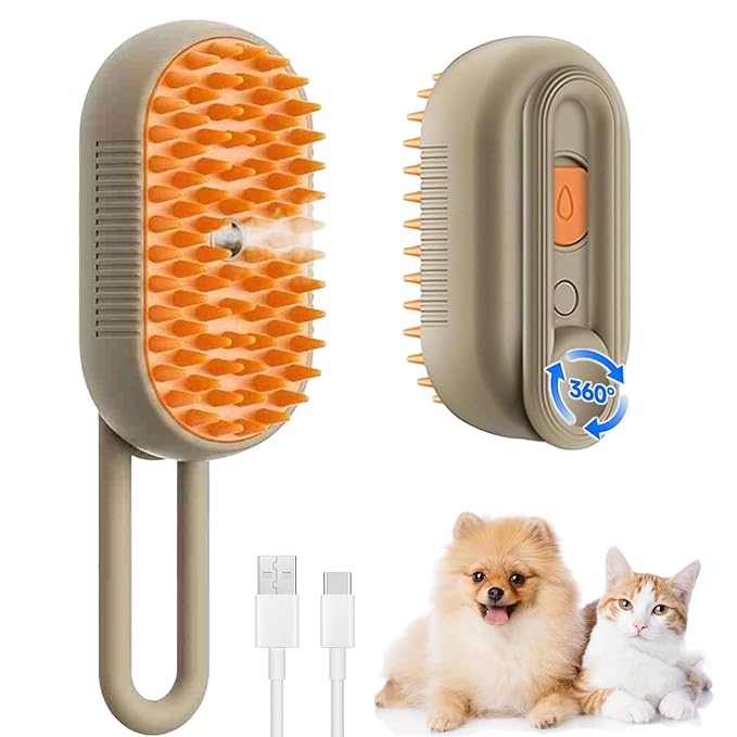 cat steam brush for shedding -4 in 1 Rechargeable Steam Brush for Cats and Dogs, Anti-static, Massage, Cleaning, Shedding & Combing All In One! grooming tool for cats and dogs（Brown）