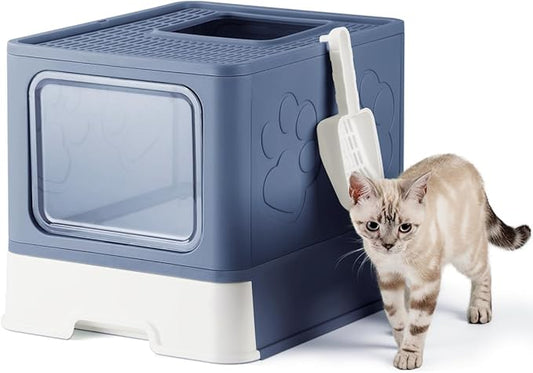 Enclosed Cat Litter Box, Large Litter Box for Big Cats, Covered Kitty Litter Boxes with Lid, Top Entry Cat Box Enclosure with Scoop, Odor Control, Easy to Clean(Blue)