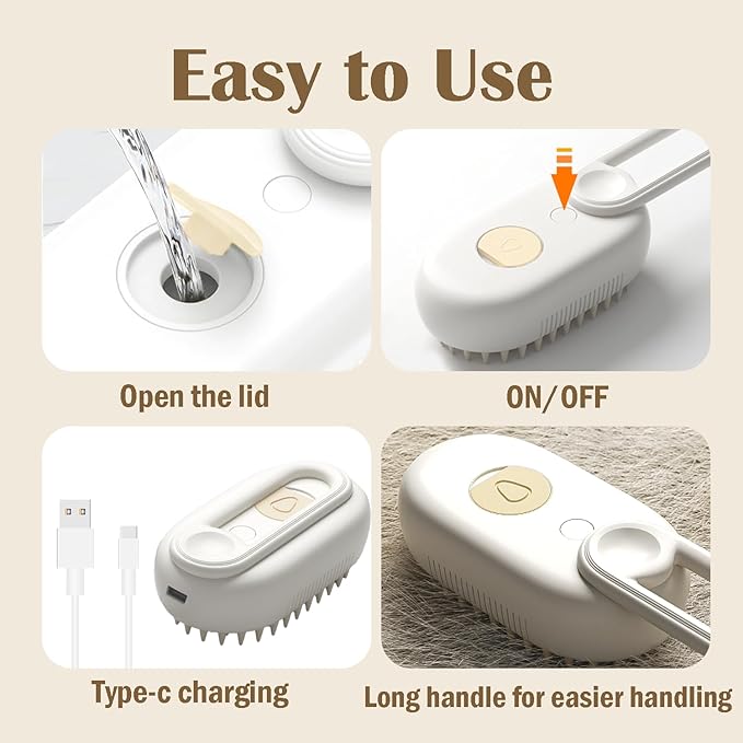 Cat Steam Brush, 3 in 1 Pet Spray Hair Removal Comb, Cats and Dogs Brush for Shedding, Rechargeable Silicone Pet Steam Brushes, Spritz Defur Comb for Massage, Cleaning and Remove Loose Hair - Khaki