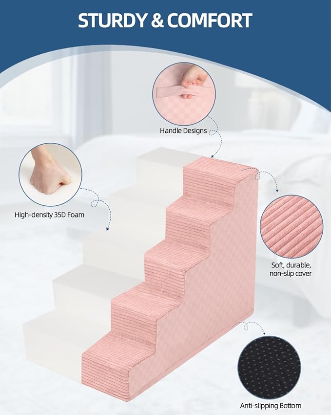 Dog Stairs for Small Dogs,13" H,3-Step Dog Steps Ramp for Bed and Couch with High Density Foam,Non-Slip Pet Steps for Doggy and Cat,Pet Stairs with a Washable Cover,Pink