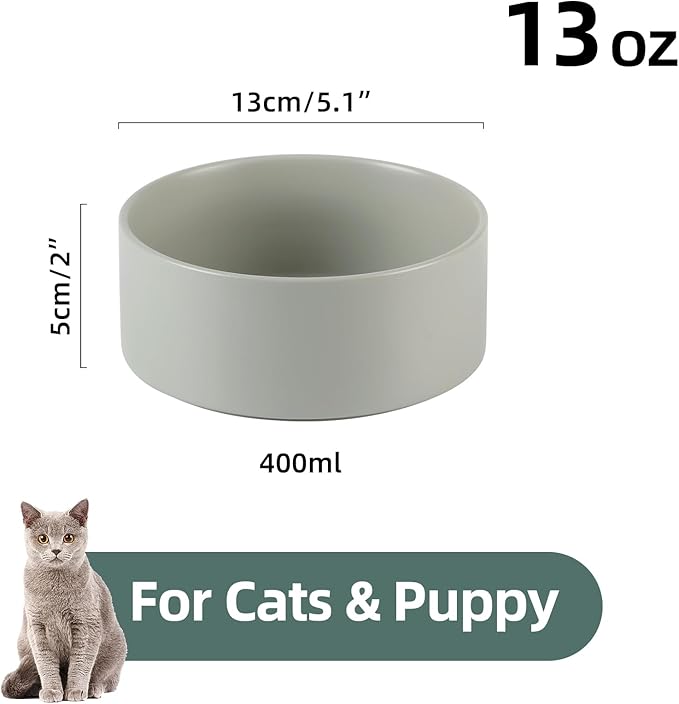 Ceramic 5.1inch Set of 2 Dog and Cat Bowls, Food and Water Feeder for Small Breed Dogs, Kitty, Cats, 2pcs Dog & Cat Dishes(2 Bowls, Grey)