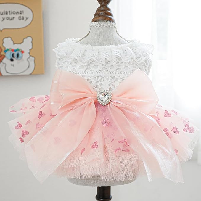 Dog Princess Dress with Heart Patterns & Bow Puppy Clothes for Small Dogs Girl Fancy Cat Birthday Outfit Pet Wedding Dresses (Pink White, Small)
