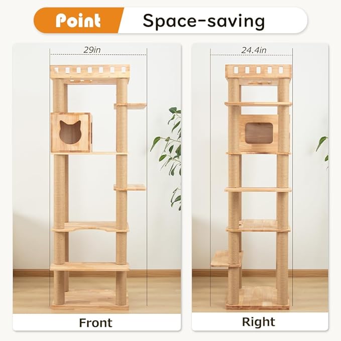 74" Wooden Cat Tree Tower for Large Cats, Multi-Level Cat Climbing Furniture with Scratching Posts, Cat Condo & Hammock, Natural Wood Cat Activity Center(Brown)