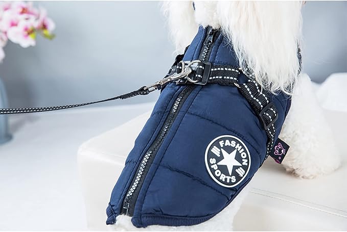 HDKUW Small Dog Jacket, Small Dog Coat Harness Winter Warm Vest Jacket Waterproof Cotton Costume for Puppy Small Dogs (2XL, Blue)