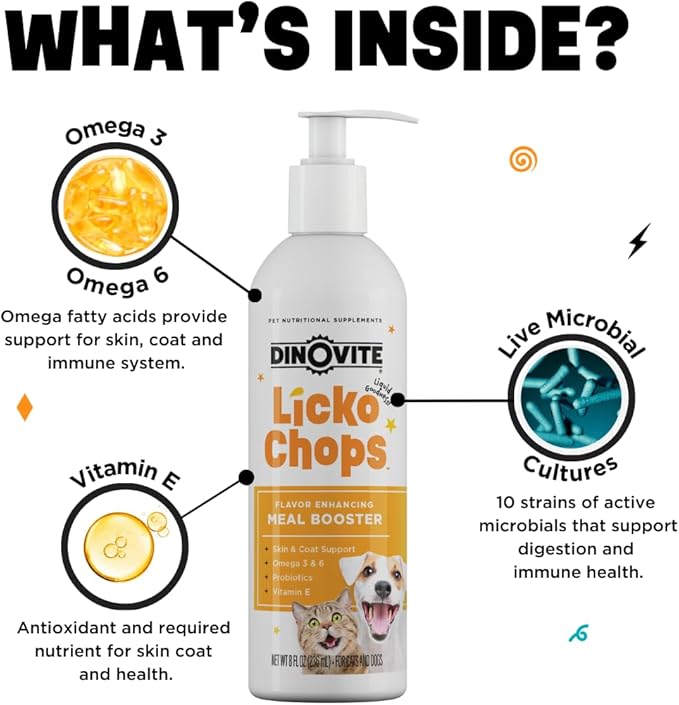 Dinovite Lickochops for Dog & Cat Supplement Enhanced with Omega-6, 3 Fatty Acids, Probiotics and Vitamin E, 16 oz with Pump