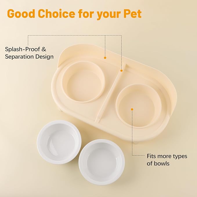 Elevated Cat Bowls, Tilted Rised Cat Food and Water Bowl with 2 Pcs Ceramic Pet Bowls, Rised Stand, Pet Dish Anti Vomiting Feeding Station for All Sized Cats & Small Dogs (Milk Coffee)