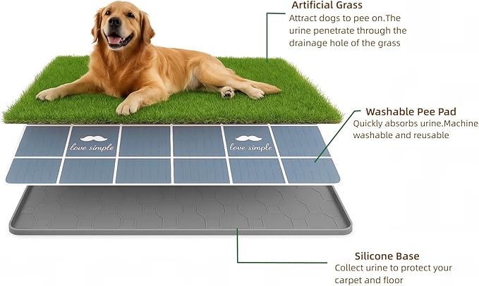 Dog Grass Pad with Tray, 34"x22" Silicone Base Washable Reusable Pee Pad & Grass Pad - Non-Slip, Easy-Clean Indoor Outdoor Dog Potty Toilet (34" x 22")
