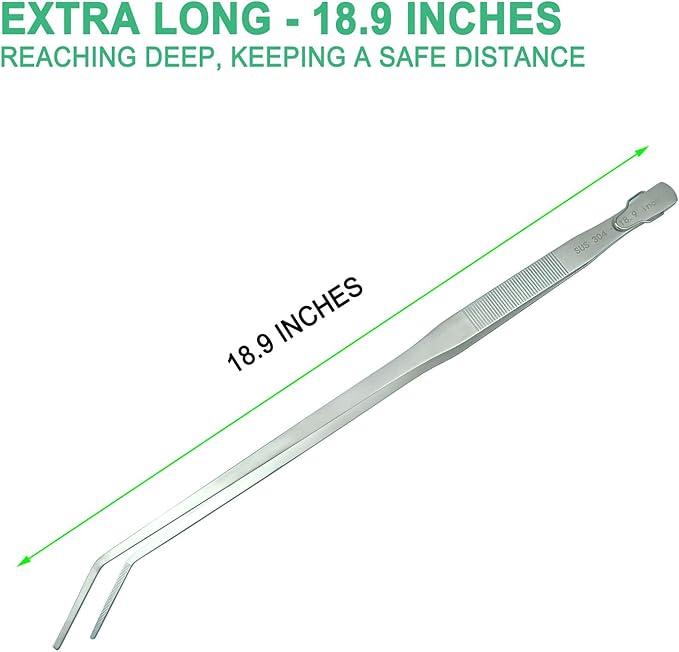 18.9 inch Aquarium Tweezers with Hanger, 2025 New Extra Long Feeding Tongs, Stainless Steel Large Aquascape Tools for Fish Tank, Terrarium, Aquascaping, Reptile Snake (Curved)