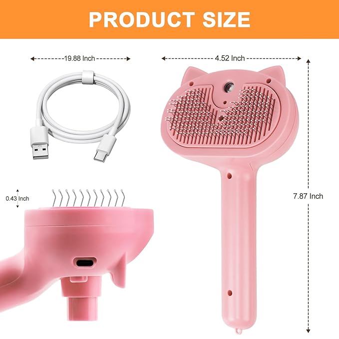 Cat Steam Brush for Shedding, 4 in 1 Steamy Cat Brush with Release Button, Self Cleaning Metal Pet Misting Hair Comb with Handle for Grooming Kitten Dog(Pink)