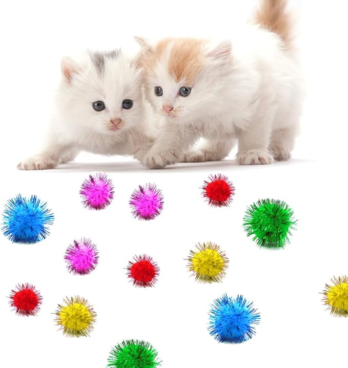 80 Pieces Cat Sparkle Balls Assorted Color 1 Inch Pom Poms Tinsel Cat Ball Toy Puff Balls Glitter Ball for Cats Kitten Toys for Indoor Cats and Crafts