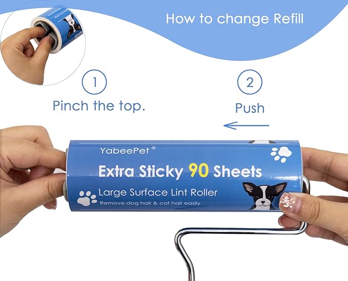 Extreme Sticky Large Surface Lint Roller, 6.3'' Giant Pet Hair Remover Roller for Pet Dog Cat Hair, Clothes&Furniture Cleaning, 90 Sheets (1 Roller + 2 Refills)