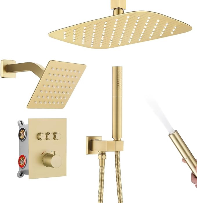 12 Inch Rain Shower System, Brushed Gold Shower Faucet Set with Push Button Diverter, 6 Inch Wall Mounted 3-Functions Bathroom Shower Systems with Dual-Function Handheld (Thermostatic, Gold Brushed)