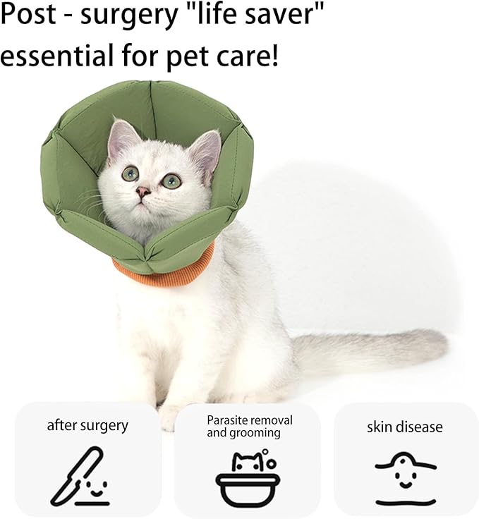 Cat Cone Collar - Soft Waterproof Elizabethan for Cats, Cute Green Flower Anti-Lick Recovery Collar, Adjustable Healing Collar for Wound Care & Surgery，S