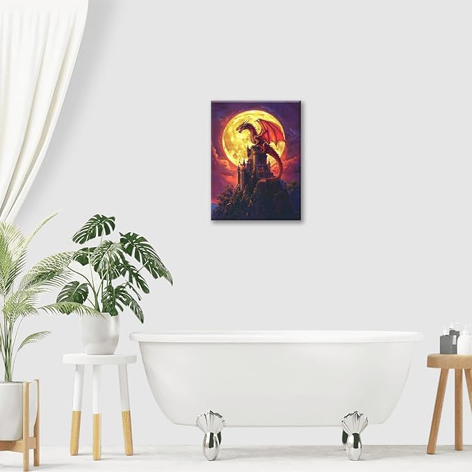 Dragon Bathroom Pictures Wall Art, Red Dragon Castle Bathroom Wall Decor, Framed Painting Canvas Artwork for Bedroom Living Room Decorations 20"L x 16"W
