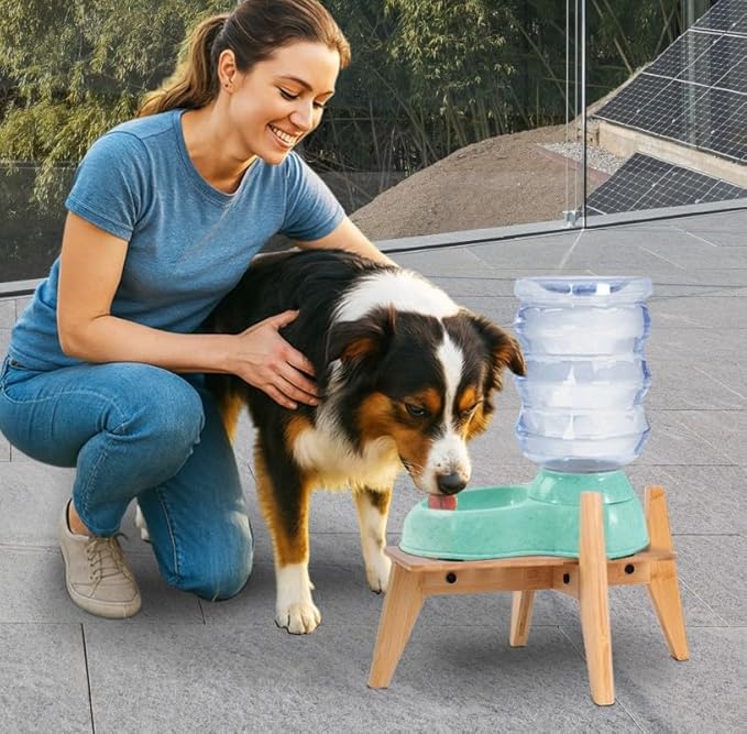 Dog Water Bowl Dispenser Stand - Compatible with Automatic and Gravity Water/Food Dispensers - Adjustable Width, Holds Various Sizes [See Photos for Measurements] - Bamboo