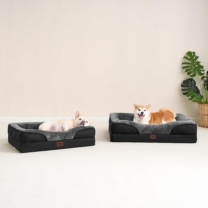 EHEYCIGA Memory Foam Dog Bed for Medium Size, Orthopedic Dog Sofa with Sides and Waterproof Liner, Washable Bolster Pet Couch with Removable Cover, 35x22x6.5 Inch, Grey/Black