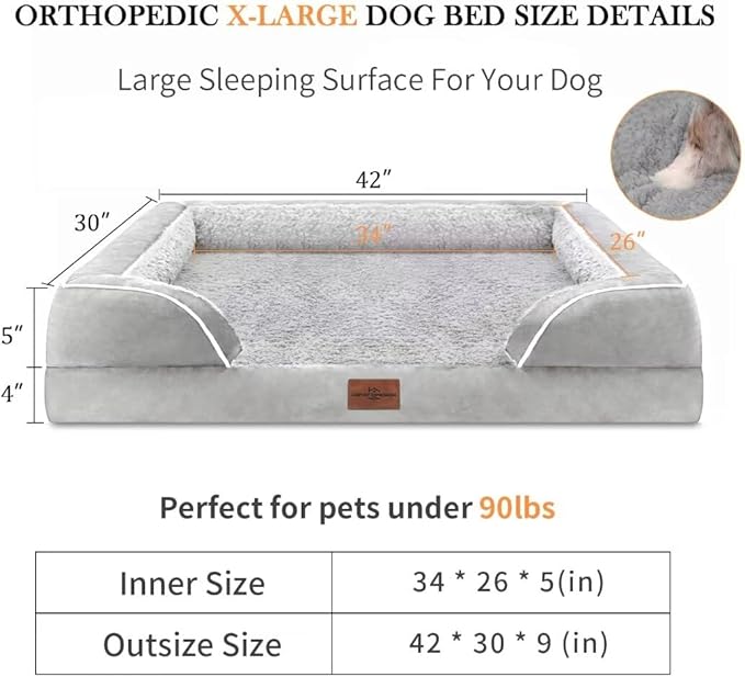 Comfort Expression Memory Foam Dog Beds Large Sized, Orthopedic Dogs Beds Washable, XL Dog Beds with Removable Cover, Waterproof Pet Sofa Couch with Bolster(X-Large,Light Grey)