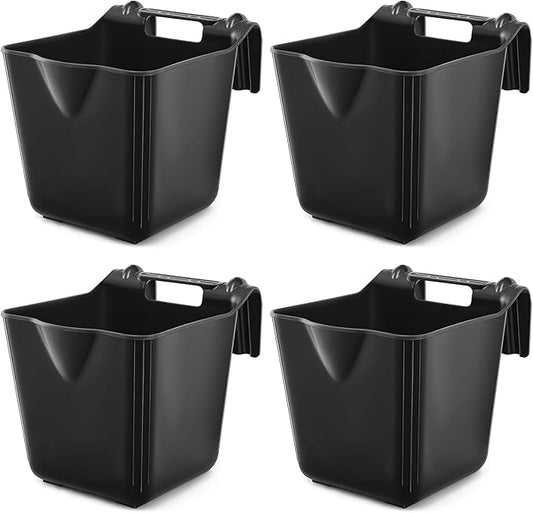 4 Pack 15 Quart Horse Feeders for Stall Hook Over Hanging Fence Hay Feeder Mountable Livestock Plastic Feed Bucket for Farm Stalls Pasture, Stable to Feed Horses Sheep Cattle Cows Etc(Black)