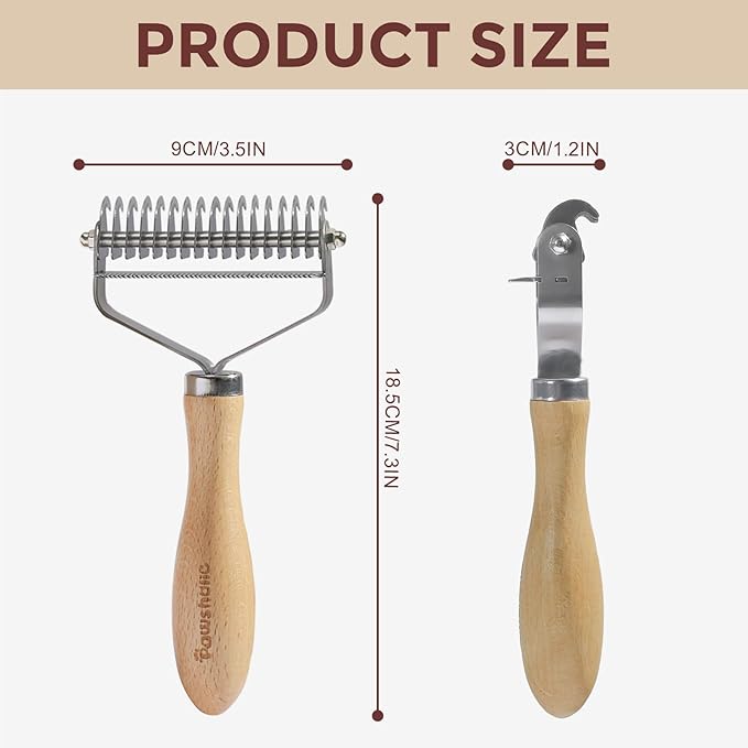 3-in-1 Professional Pet Shedding Dematting Comb - Deshedding Undercoat Rake for Dogs with Stainless Steel Blades Metal Pet Brush with Wood Handle Matted Hair Detangling Thinning and Shedding