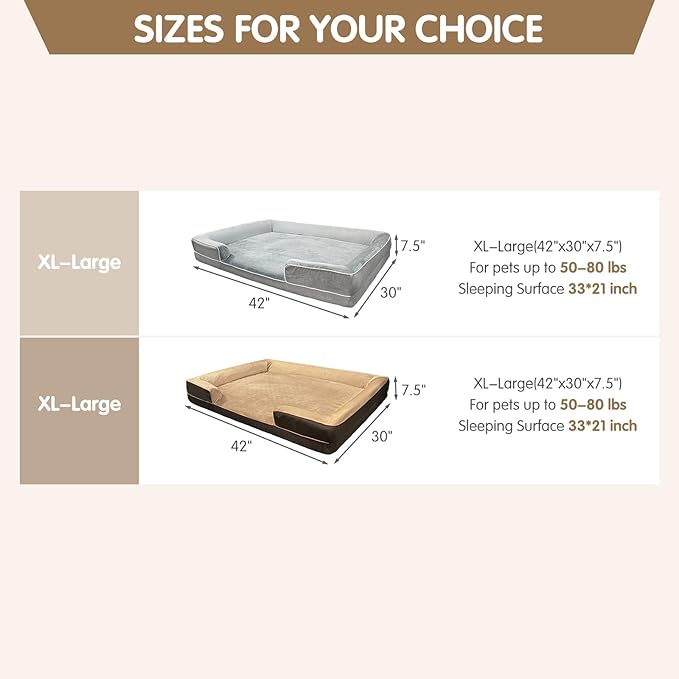 Dog Beds for Large Sized Dogs,Washable Orthopedic Memory Foam Dog Couch Sofa Bed with Bolster,Removable Cover,42x30Inch,Brown
