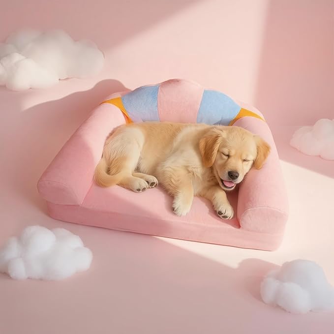 Cute Cat Couch with Soft Pillow, Supportive Dog Couch, Cat Sofa with Removable Cover，Cute Rainbow Shaped, 24 Inch