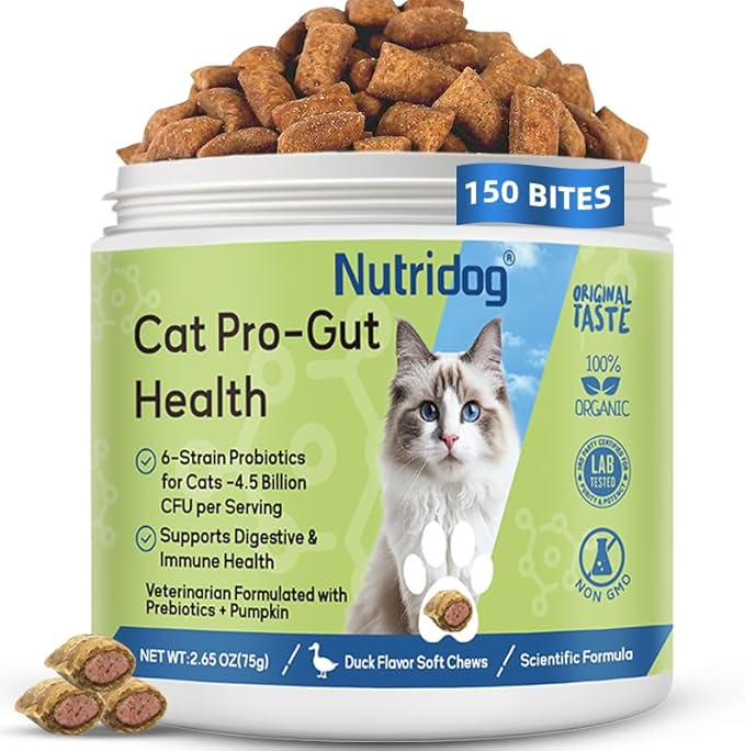 Cat Probiotic for Digestive & Gut Health - 150 Dual Texture Crunchy & Creamy Bites - Relief for Constipation, Diarrhea & Sensitive Stomach with Prebiotics & Taurine for Kittens & Seniors