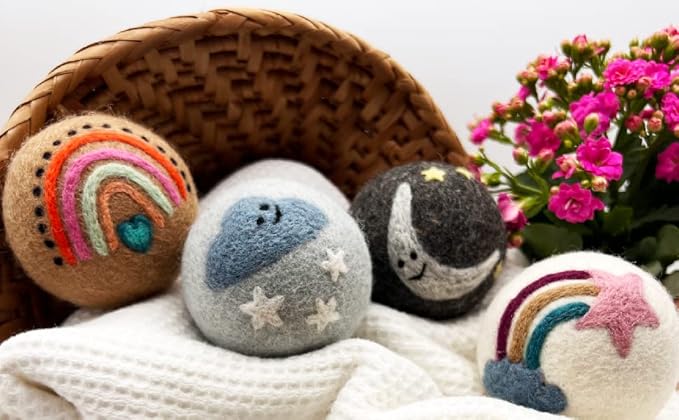 Fluff Ewes Wool Dryer Balls 6 Pack Premium New Zealand Wool Laundry Balls for Dryer, No Static Dryer Balls Laundry Reusable, XL Wool Dryer Balls Cute, Baby Dryer Balls for Dryers - Rainbow or Shine