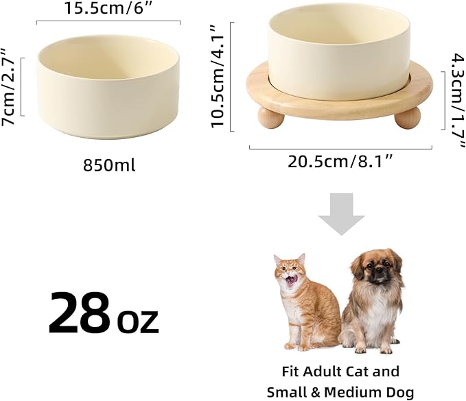 Ceramic Elevated Dog Food and Water Bowl, Kitty Bowl, Raised Dog Dish, Pet Feeder (6inch, 1 x Beige + Stand)