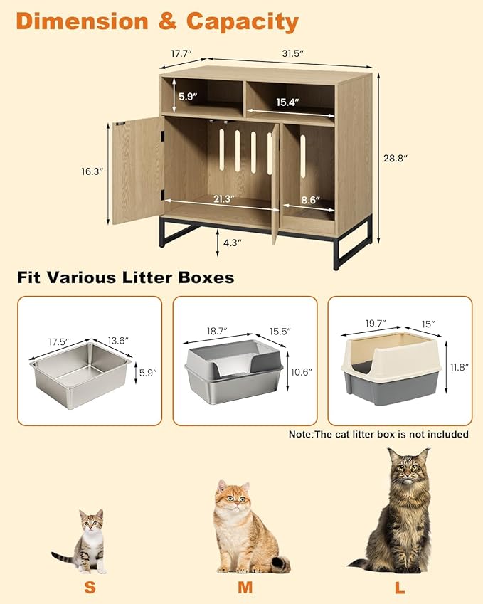 Cat Litter Box Enclosure, Large Hidden Pet Storage Cabinet Furniture with Waveform Fluted Doors & Scratching Pad, Modern Wooden Cat House Indoor for Washroom, Living Room, Bedroom, Natural