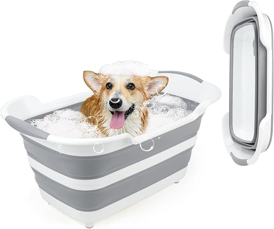 FHTONGE 7.13 Gal/27L Raised Collapsible Dog Bathtub with Drain Hair Catcher, Multifunctional Pet Washtub for Small to M Dog, Portable Puppy Tub Cat Shower Basin Laundry Basket Storage Organize Bucket