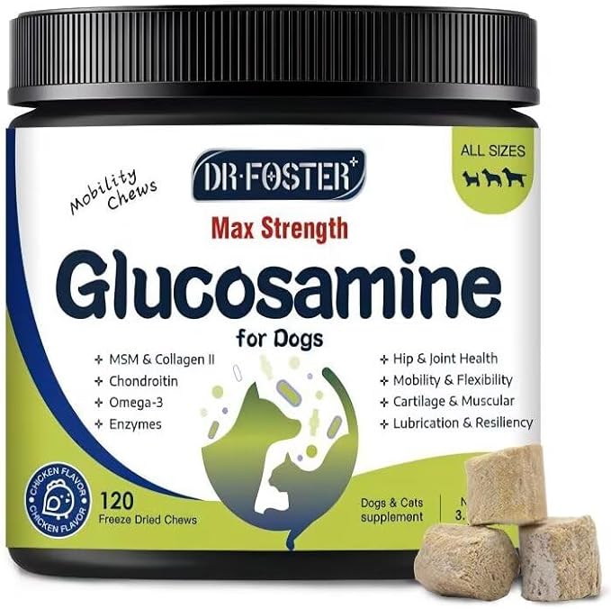 Glucosamine for Dogs, Hip and Joint Supplement for Dogs with Chicken Flavor, Anti Inflammatory, Dog's Chondroitin, Digestive Enzymes, Omega-3, Vitamin D, MSM, Calcium, Turmeric, 120 Freeze-Dried Chews