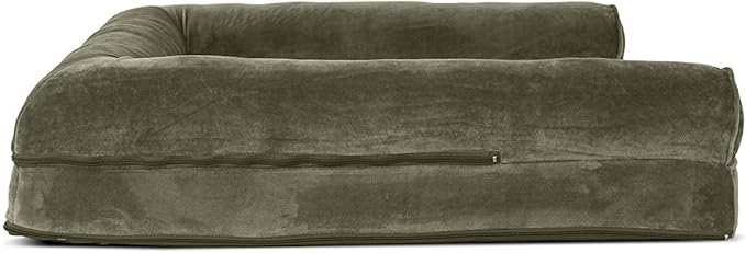 Furhaven Cooling Gel Dog Bed for Large Dogs w/ Removable Bolsters & Washable Cover, For Dogs Up to 95 lbs - Faux Fur & Velvet Sofa - Dark Sage, Jumbo/XL