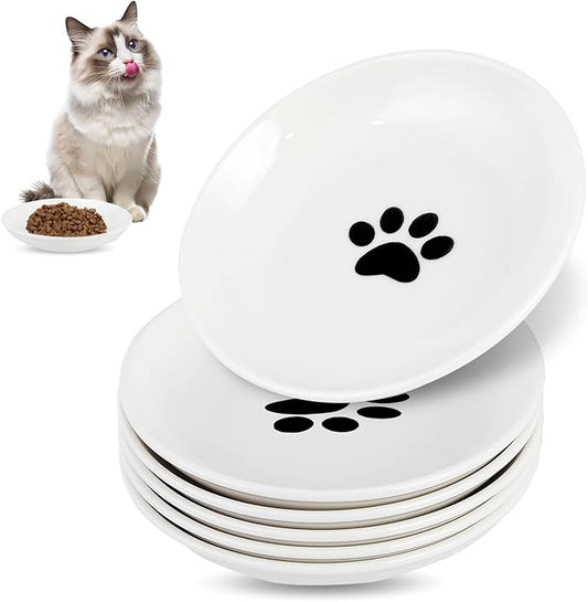 6 Pack Cat Food Bowl, Ceramic Cat Bowls, Anti Whisker Fatigue Cats Bowl Set,5.5 Inches Shallow Wide Kitten Plates for Food and Water (Cat's Paw Style)