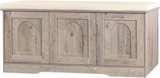 DINZI LVJ Shoe Bench, Entryway Storage Bench with Doors, Cushion, 2-Tier Shoe Rack with 6-Cubby, 39.4”L x 13.8”W Shoe Organizer Cabinet, Adjustable Shelf, Living Room, Bedroom, Greige