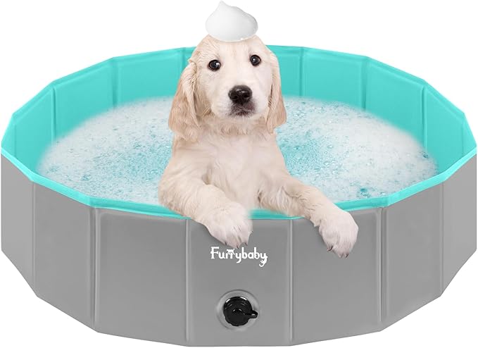 Furrybaby Foldable Dog Pool, Kiddie Pool Hard Plastic, Collapsible Pet Bath Portable Dog Swimming Pool for Pet, Dogs and Cats Grey 32''