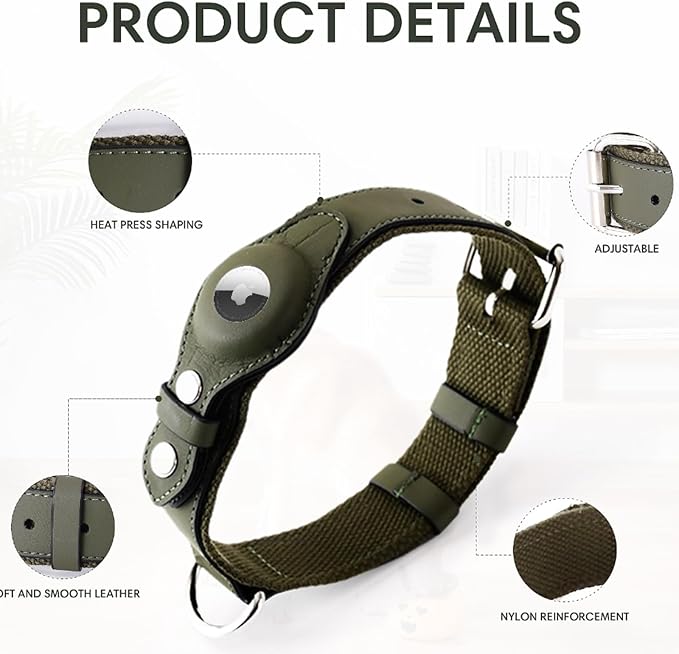 AirTag Dog Collar Soft Leather Webbing Dog Collar for AirTag Provides Double Protection for Small Medium and Large Dogs(Black,L)