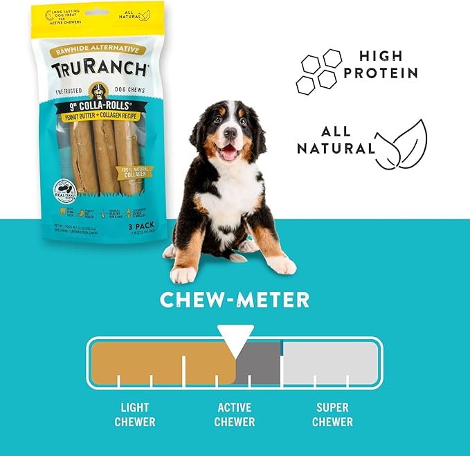 Collagen Rolls - 9" Collagen Rolls for Dogs - Long Lasting Healthy Joint Support - Rawhide Alternative - Skin & Coat Health - Made with Real Peanut Butter, Value Pack, 3 Bags, 9 Count
