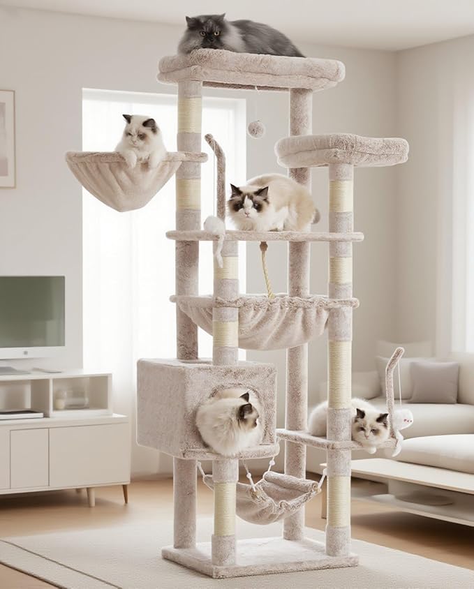 Cat Tree, Cat Tower for Large Cats with 2 Big Platforms, 2 Baskets, condo and Toys, 63" Cat Scratching Posts for Indoor Cats, Muchroom GCT020MU