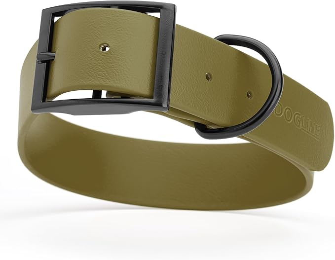 Dogline Biothane Waterproof Dog Collar Strong Coated Nylon Webbing with Black Hardware Odor- Proof for Easy Care Easy to Clean High Performance Fits Small Medium or Large Dogs, Olive Drab Green